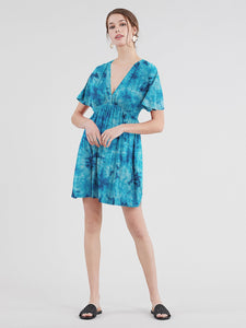 WDR2386 Women's Airy Short Sleeve Kimono Style Deep V Neck Tie dye Dress