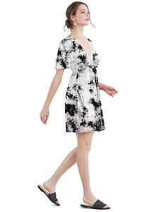 WDR2386 Women's Airy Short Sleeve Kimono Style Deep V Neck Tie dye Dress