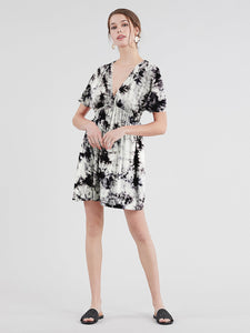 WDR2386 Women's Airy Short Sleeve Kimono Style Deep V Neck Tie dye Dress