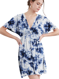 WDR2386 Women's Airy Short Sleeve Kimono Style Deep V Neck Tie dye Dress