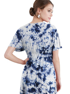 WDR2386 Women's Airy Short Sleeve Kimono Style Deep V Neck Tie dye Dress