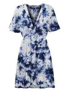 WDR2386 Women's Airy Short Sleeve Kimono Style Deep V Neck Tie dye Dress
