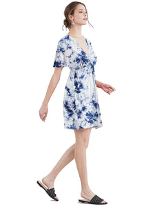 WDR2386 Women's Airy Short Sleeve Kimono Style Deep V Neck Tie dye Dress