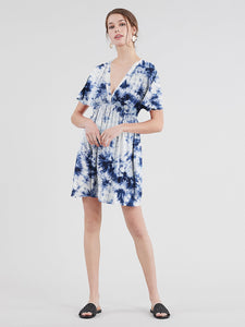 WDR2386 Women's Airy Short Sleeve Kimono Style Deep V Neck Tie dye Dress