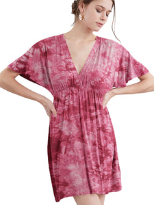 WDR2386 Women's Airy Short Sleeve Kimono Style Deep V Neck Tie dye Dress