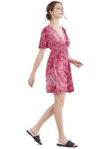WDR2386 Women's Airy Short Sleeve Kimono Style Deep V Neck Tie dye Dress