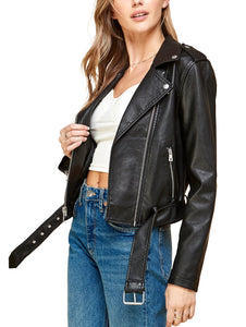 WJC1849  Women's Asymmetrical Faux Leather Belted Moto Jacket