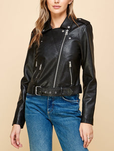 WJC1849  Women's Asymmetrical Faux Leather Belted Moto Jacket