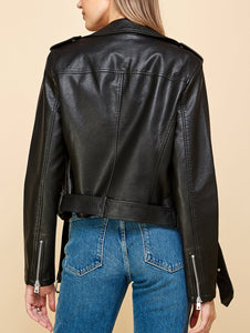 WJC1849  Women's Asymmetrical Faux Leather Belted Moto Jacket