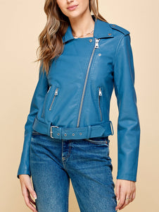 WJC1849  Women's Asymmetrical Faux Leather Belted Moto Jacket