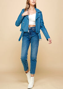 WJC1849  Women's Asymmetrical Faux Leather Belted Moto Jacket