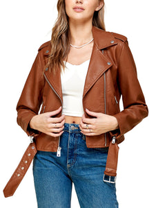 WJC1849  Women's Asymmetrical Faux Leather Belted Moto Jacket