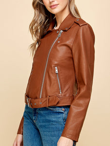 WJC1849  Women's Asymmetrical Faux Leather Belted Moto Jacket