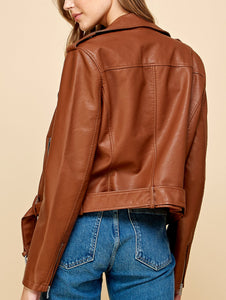 WJC1849  Women's Asymmetrical Faux Leather Belted Moto Jacket