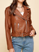 WJC1849  Women's Asymmetrical Faux Leather Belted Moto Jacket
