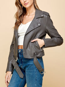 WJC1849  Women's Asymmetrical Faux Leather Belted Moto Jacket