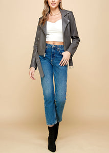 WJC1849  Women's Asymmetrical Faux Leather Belted Moto Jacket