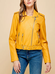 WJC1849  Women's Asymmetrical Faux Leather Belted Moto Jacket
