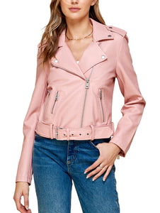WJC1849  Women's Asymmetrical Faux Leather Belted Moto Jacket