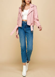 WJC1849  Women's Asymmetrical Faux Leather Belted Moto Jacket