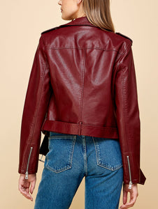 WJC1849  Women's Asymmetrical Faux Leather Belted Moto Jacket