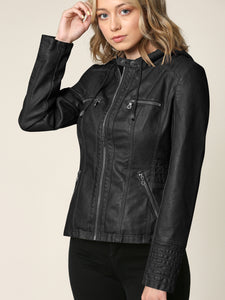 WJC663 Women's Removable Hooded Faux Leather Moto Biker Jacket