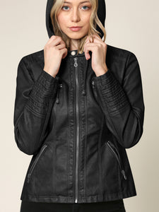 WJC663 Women's Removable Hooded Faux Leather Moto Biker Jacket