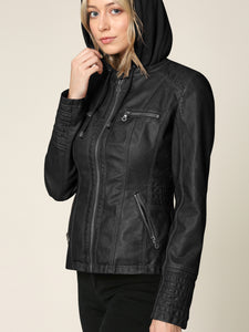 WJC663 Women's Removable Hooded Faux Leather Moto Biker Jacket