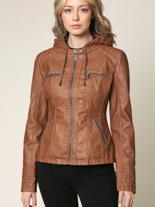 WJC663 Women's Removable Hooded Faux Leather Moto Biker Jacket