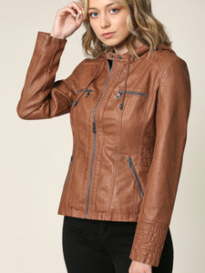 WJC663 Women's Removable Hooded Faux Leather Moto Biker Jacket