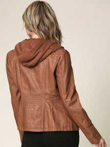 WJC663 Women's Removable Hooded Faux Leather Moto Biker Jacket