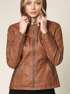 WJC663 Women's Removable Hooded Faux Leather Moto Biker Jacket