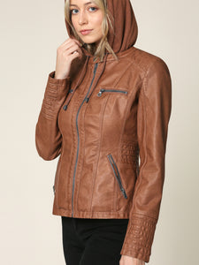 WJC663 Women's Removable Hooded Faux Leather Moto Biker Jacket