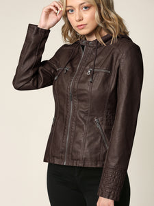WJC663 Women's Removable Hooded Faux Leather Moto Biker Jacket