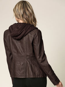 WJC663 Women's Removable Hooded Faux Leather Moto Biker Jacket