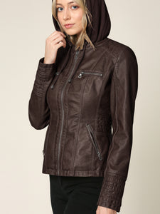 WJC663 Women's Removable Hooded Faux Leather Moto Biker Jacket