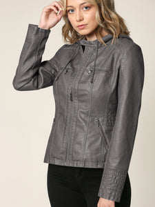 WJC663 Women's Removable Hooded Faux Leather Moto Biker Jacket