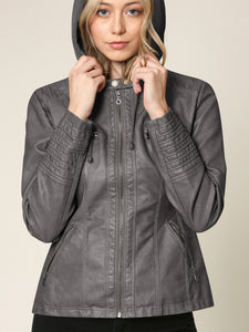 WJC663 Women's Removable Hooded Faux Leather Moto Biker Jacket