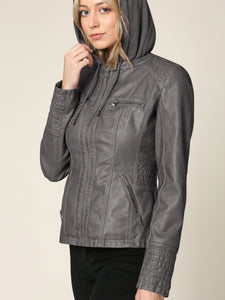 WJC663 Women's Removable Hooded Faux Leather Moto Biker Jacket