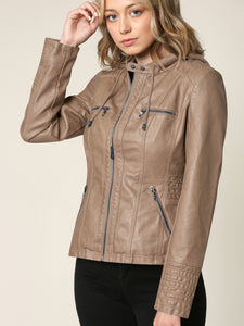 WJC663 Women's Removable Hooded Faux Leather Moto Biker Jacket