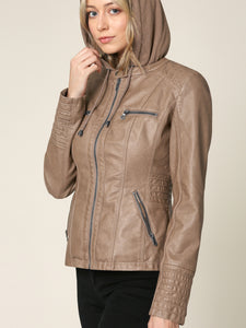 WJC663 Women's Removable Hooded Faux Leather Moto Biker Jacket