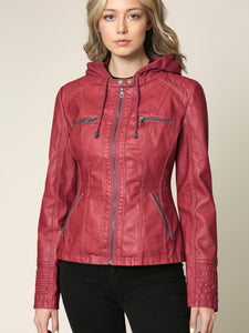 WJC663 Women's Removable Hooded Faux Leather Moto Biker Jacket