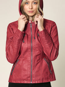 WJC663 Women's Removable Hooded Faux Leather Moto Biker Jacket