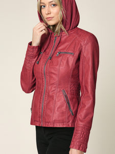 WJC663 Women's Removable Hooded Faux Leather Moto Biker Jacket