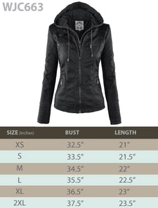 WJC663 Women's Removable Hooded Faux Leather Moto Biker Jacket