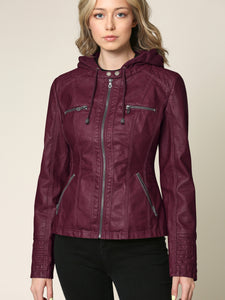WJC663 Women's Removable Hooded Faux Leather Moto Biker Jacket