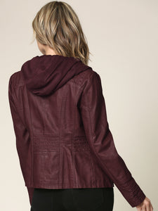 WJC663 Women's Removable Hooded Faux Leather Moto Biker Jacket