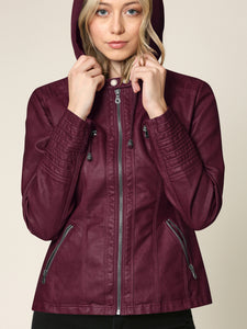 WJC663 Women's Removable Hooded Faux Leather Moto Biker Jacket