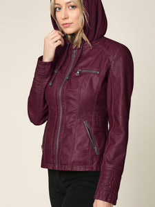 WJC663 Women's Removable Hooded Faux Leather Moto Biker Jacket