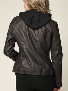 WJC664 Women's Faux Leather Motorcycle Jacket with Hoodie